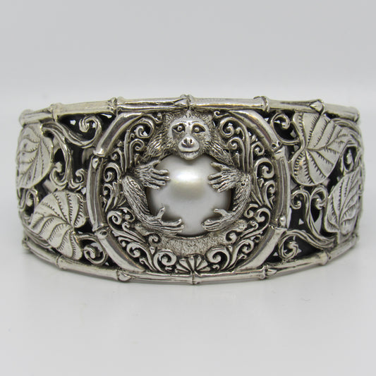 Sarda Sterling Silver 925 White Pearl Monkey Open Floral Etched Cuff Bracelet - 7 inch