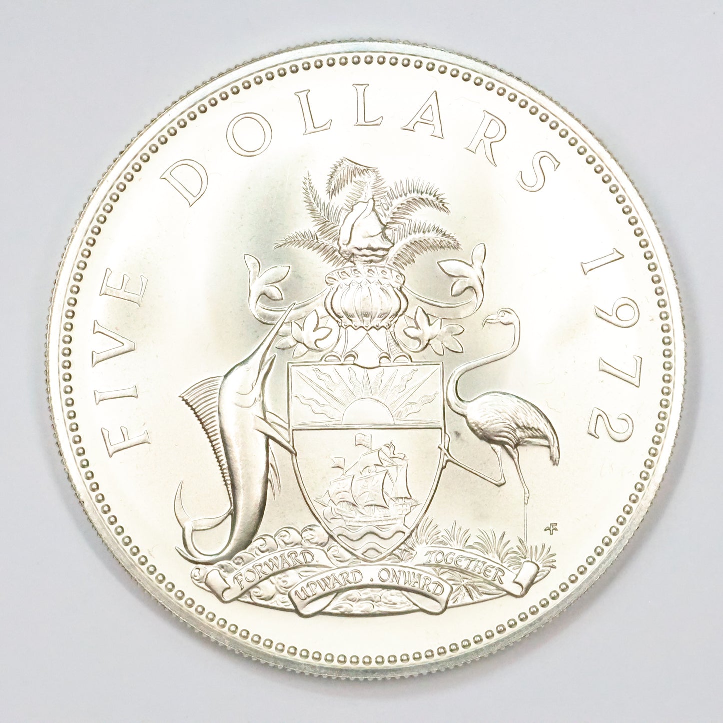 1972 Bahamas $5 Dollar Coat of Arms Queen Elizabeth Sterling .925 Fine Silver Coin