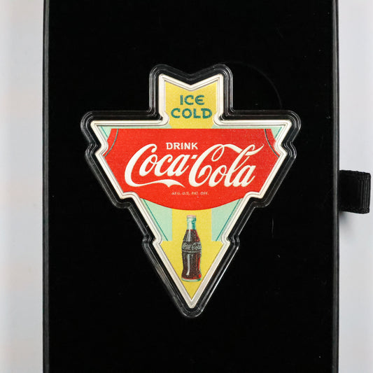 1 oz .999 Fine PAMP Silver Coca-Cola® Vintage 1930s Sign Shaped Colorized w/ OGP