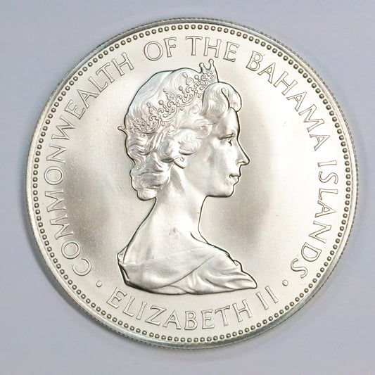 1972 Bahamas $5 Dollar Coat of Arms Queen Elizabeth Sterling .925 Fine Silver Coin