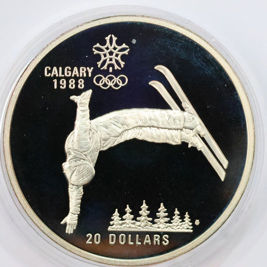 1986 Canada $20 .925 Fine Silver Calgary Winter Olympic Coin - Free Style Skiing w/ Capsule