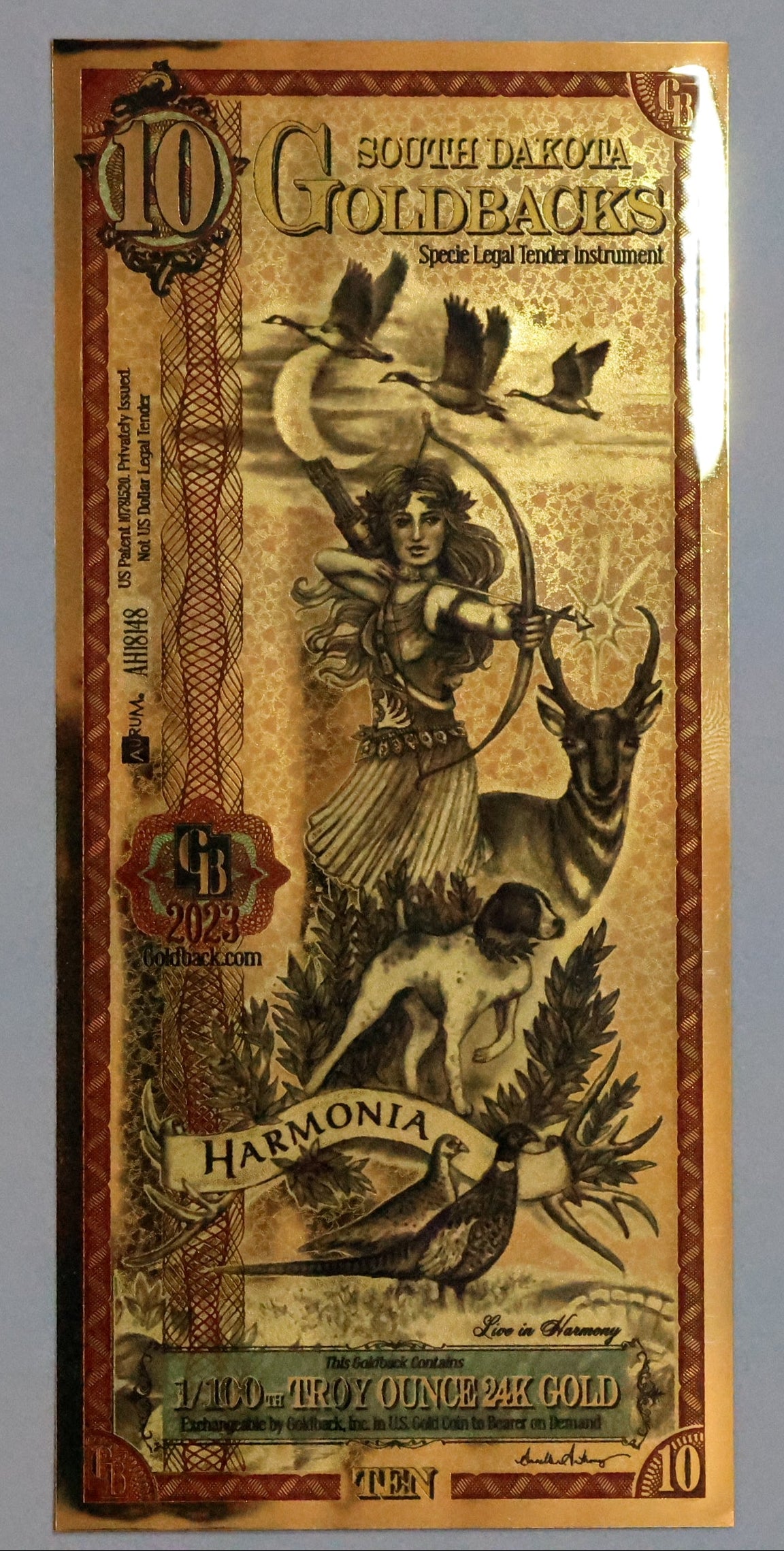 South Dakota 10 Goldback Gold Foil Note 1/100th Troy Oz 24KT Goldback