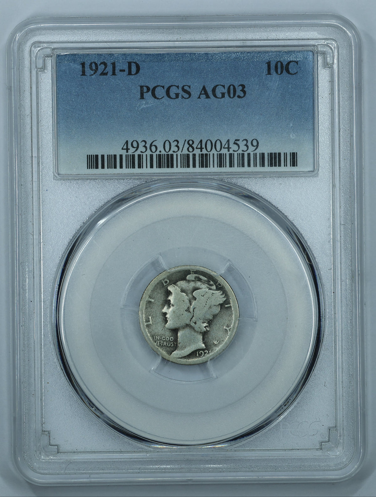 1921 D (Denver) Mercury Dime 10c Key Date - PCGS AG03
