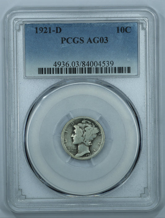 1921 D (Denver) Mercury Dime 10c Key Date - PCGS AG03