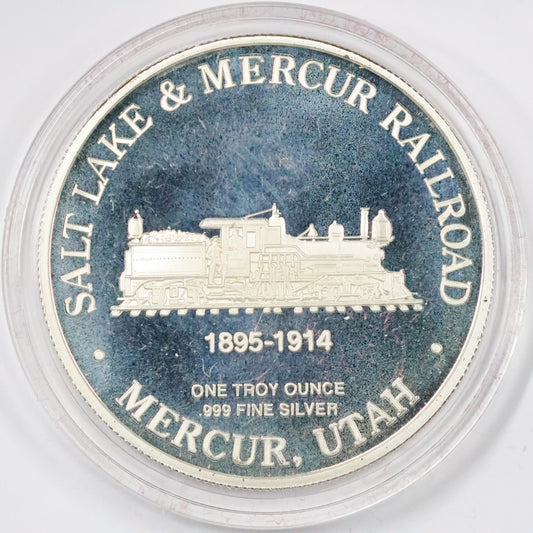 1990 Barrick Mercur Gold Mine Railroad Utah 1 oz .999 Fine Silver Round w/ OGP