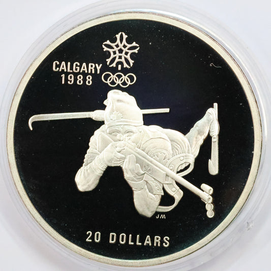 1986 Canada $20 .925 Fine Silver Calgary Winter Olympic Coin - Biathlon w/ Capsule