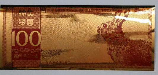 2023 Year of the Rabbit Gold Foil Aurum Note - 100 mg 24KT Bill