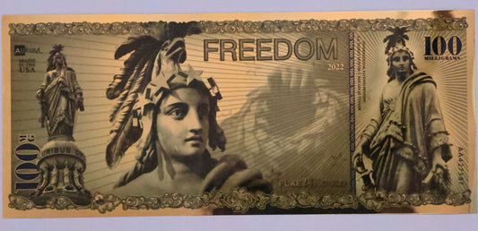 2022 Freedom Gold Foil Aurum Note - 100 mg 24KT Bill