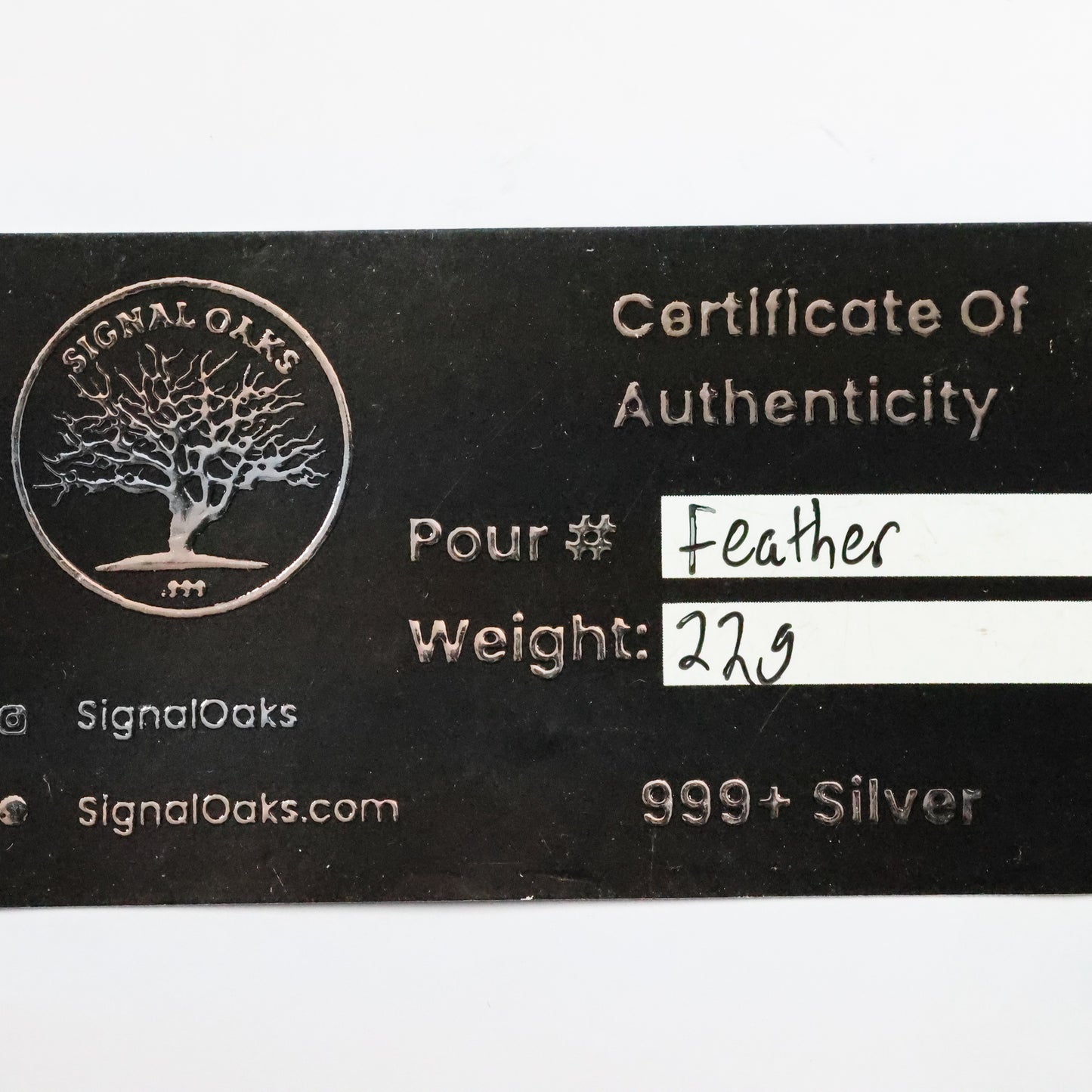 22 grams .999 Fine Silver Bullion Feather by Signal Oaks