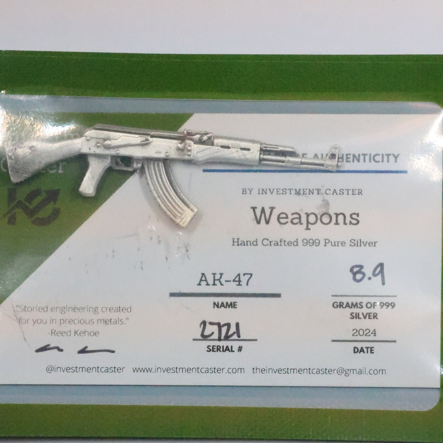 8.9 grams .999 Fine Silver Bullion AK-47 by Investment Caster
