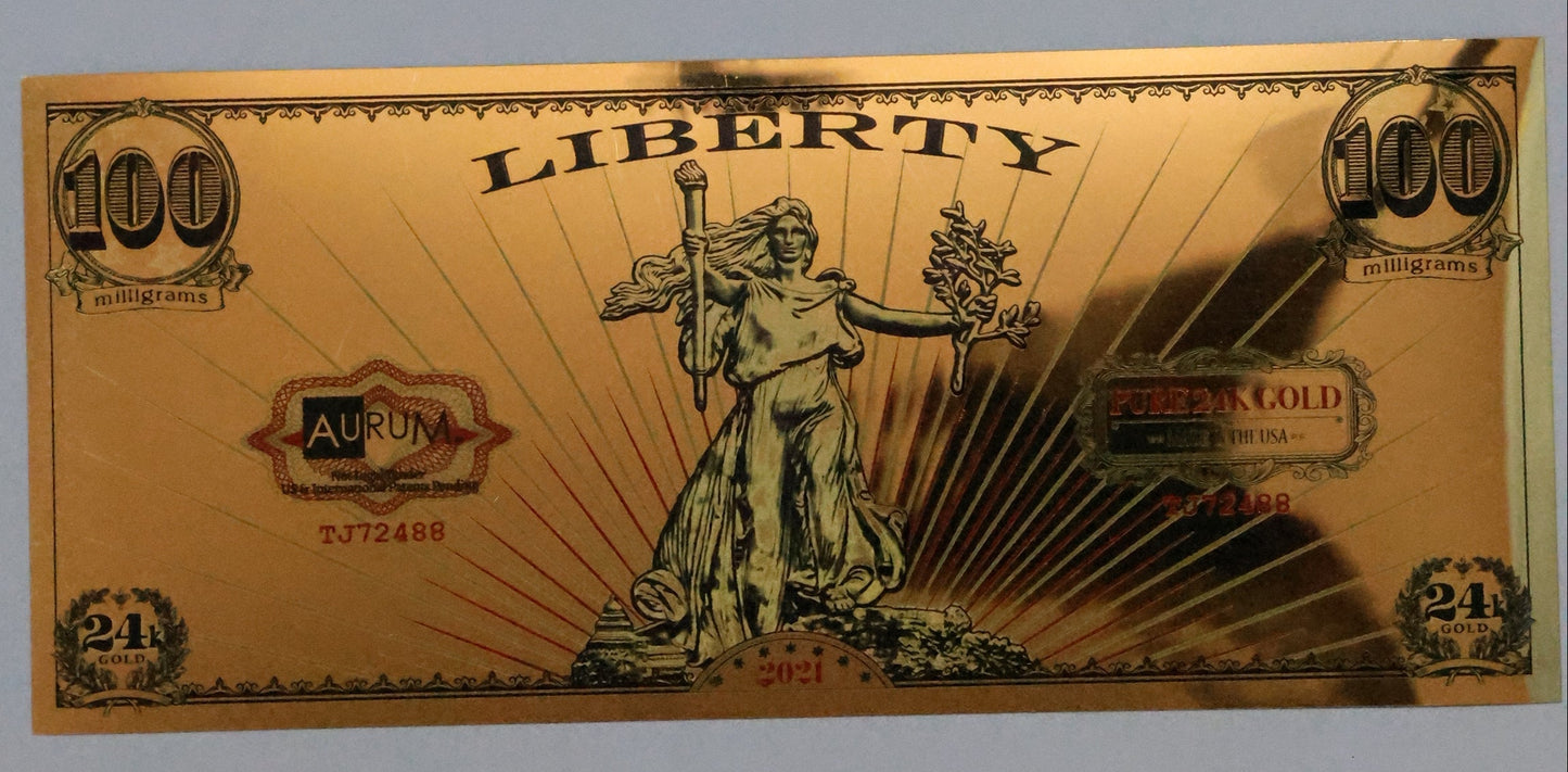 Liberty Gold Foil Aurum Note - 100 mg 24KT Bill (2021 & 2022)