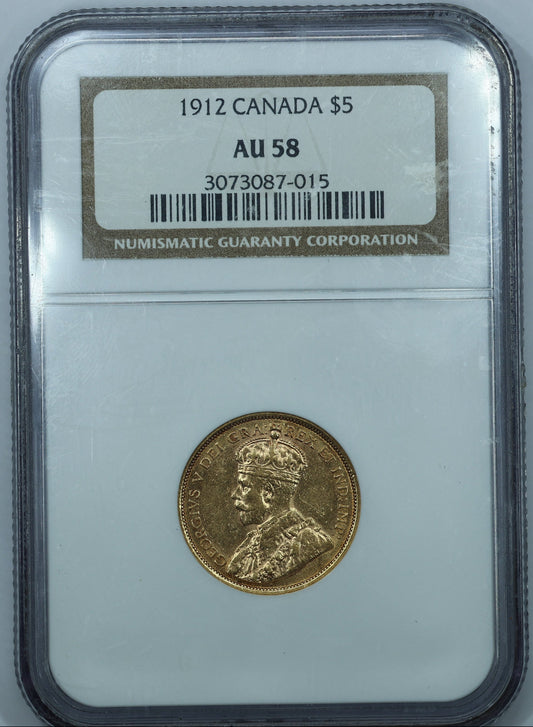 1912 Canada $5 Gold George V - NGC AU58
