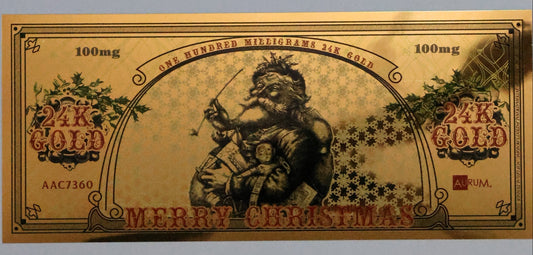 Merry Christmas Gold Foil Aurum Note - 100 mg 24KT Bill