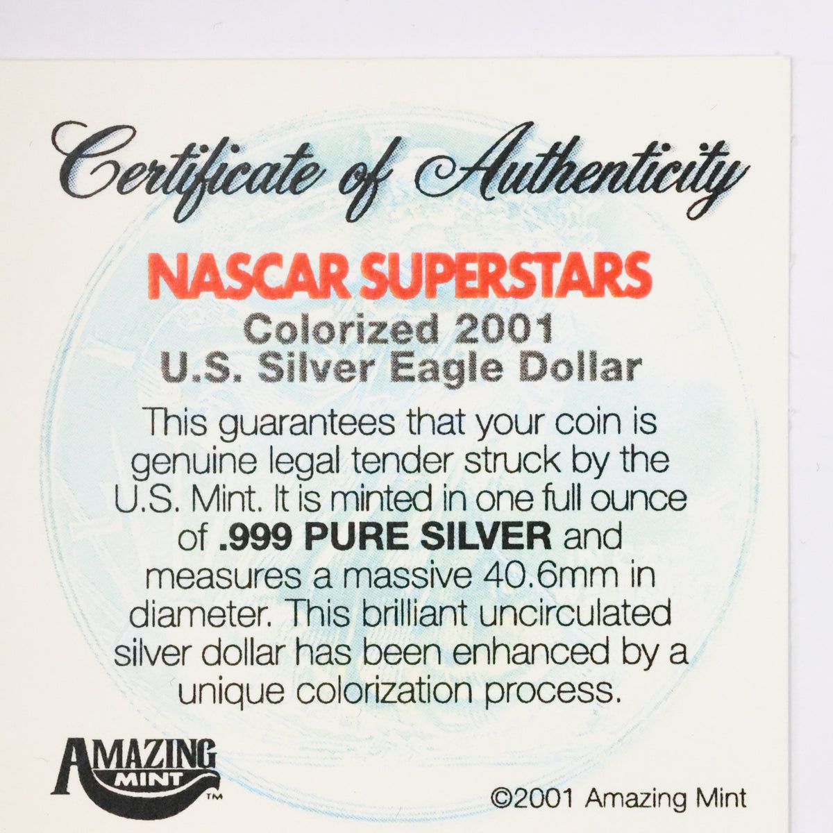 2001 1 oz Silver American Eagle Colorized - NASCAR Superstars - Dale Earnhardt Jr