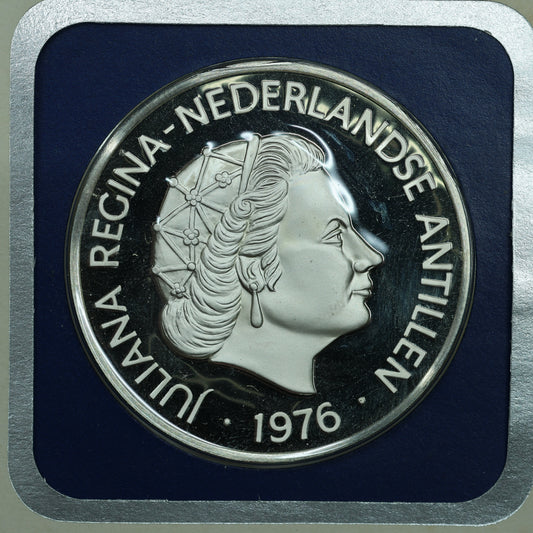 1976 Netherlands Antilles 25 Gulden .925 Fine Silver Coin in Franklin Mint OGP
