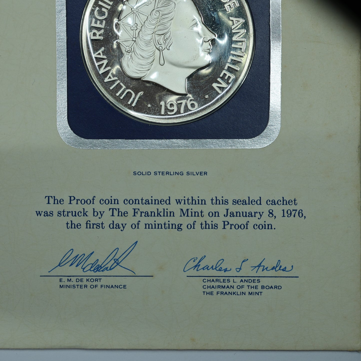 1976 Netherlands Antilles 25 Gulden .925 Fine Silver Coin in Franklin Mint OGP