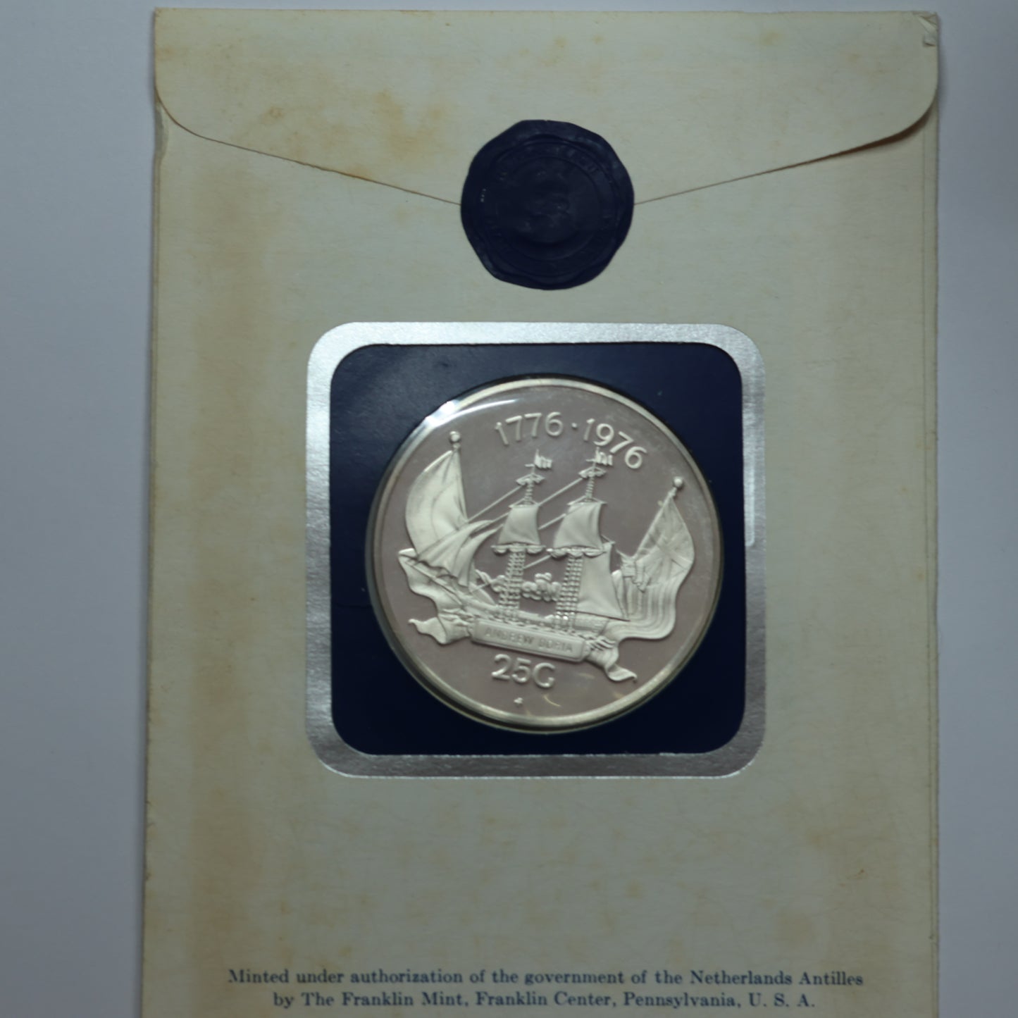 1976 Netherlands Antilles 25 Gulden .925 Fine Silver Coin in Franklin Mint OGP