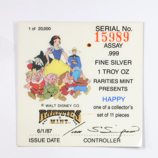 1 oz .999 Fine Silver - 1987 Snow White Disney 'Happy' w/ Box & COA