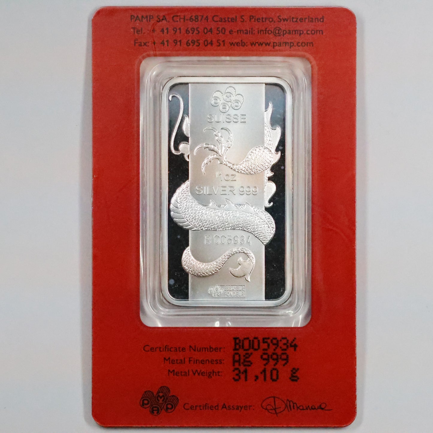 2012 Year of the Dragon PAMP Suisse 1 oz Silver Bar (In Assay)