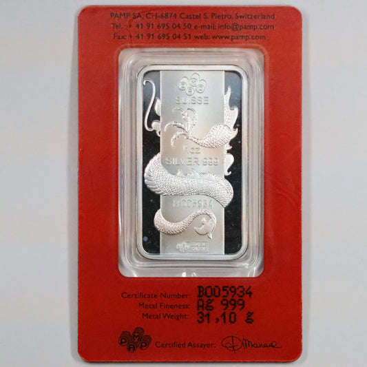 2012 Year of the Dragon PAMP Suisse 1 oz Silver Bar (In Assay)