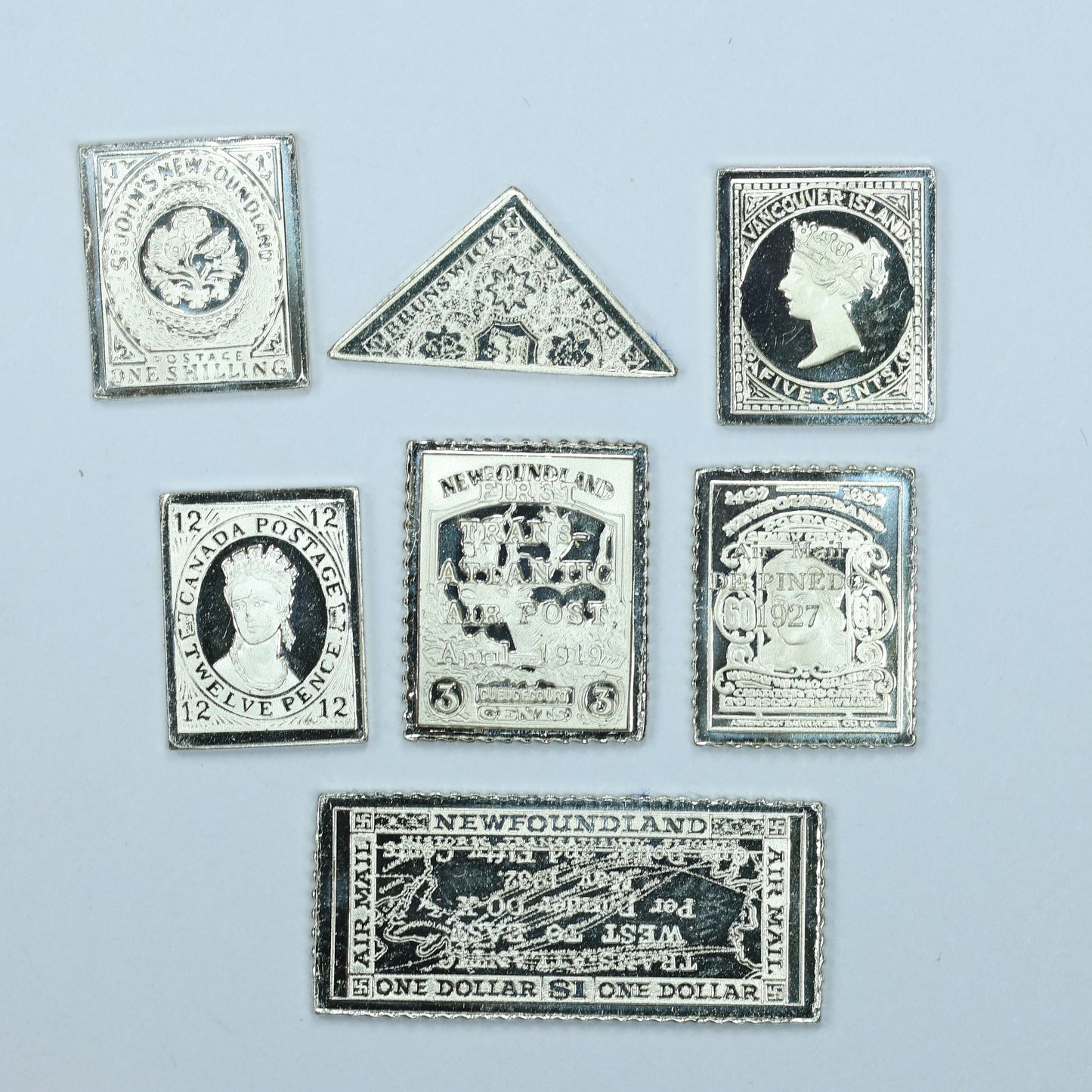 Franklin Mint Sterling Silver Miniature World Stamps - Canada Newfoundland Vancouver Island Etc