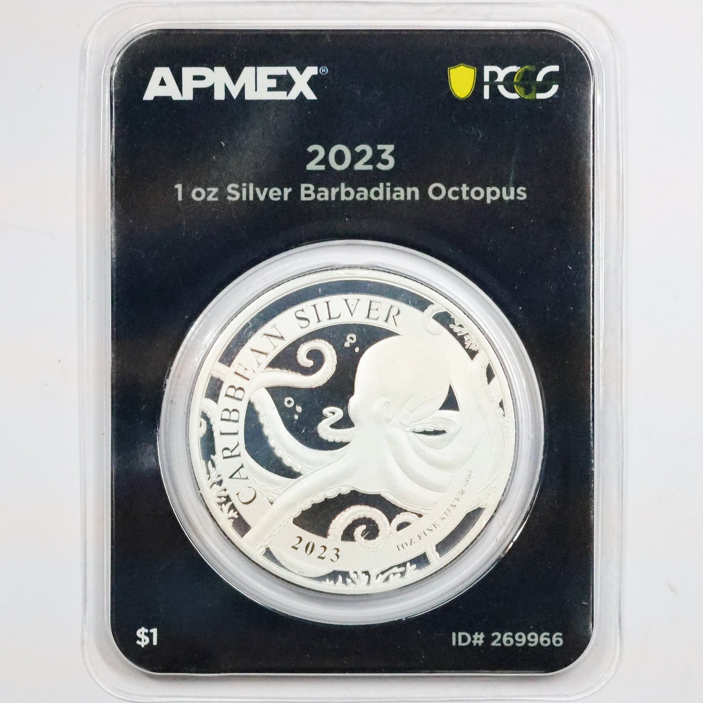 2023 1 oz Silver Barbadian Octopus Coin PCGS First Strike in TEP