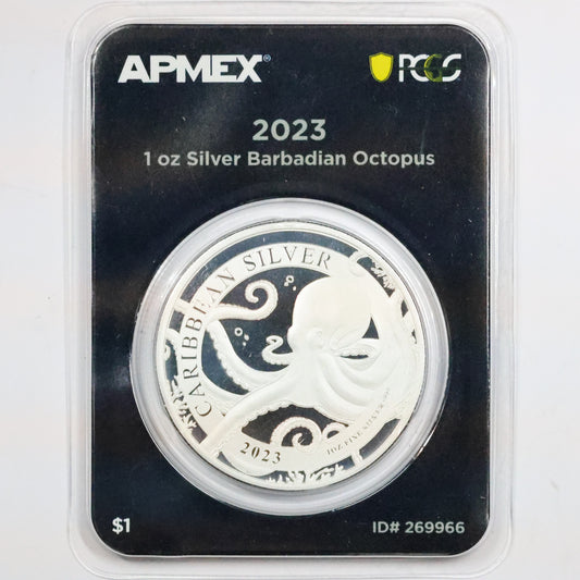 2023 1 oz Silver Barbadian Octopus Coin PCGS First Strike in TEP
