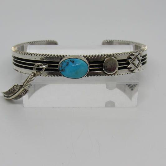 Navajo Ray King Turquoise Dangle Feather Cuff Bracelet - ~6 inch