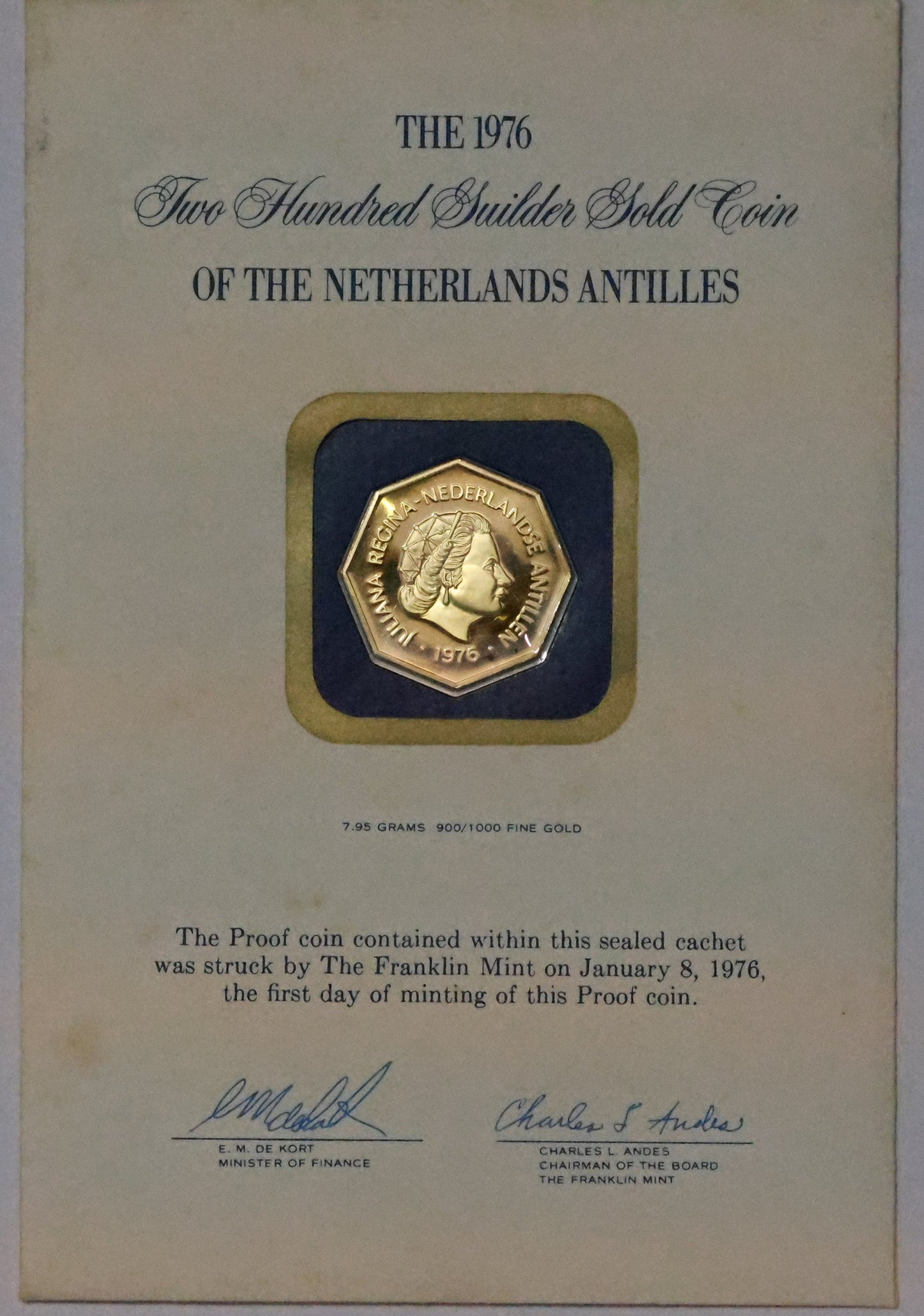 1976 Netherlands Antilles 200 Gulden .900 Fine Gold Coin in Franklin Mint OGP