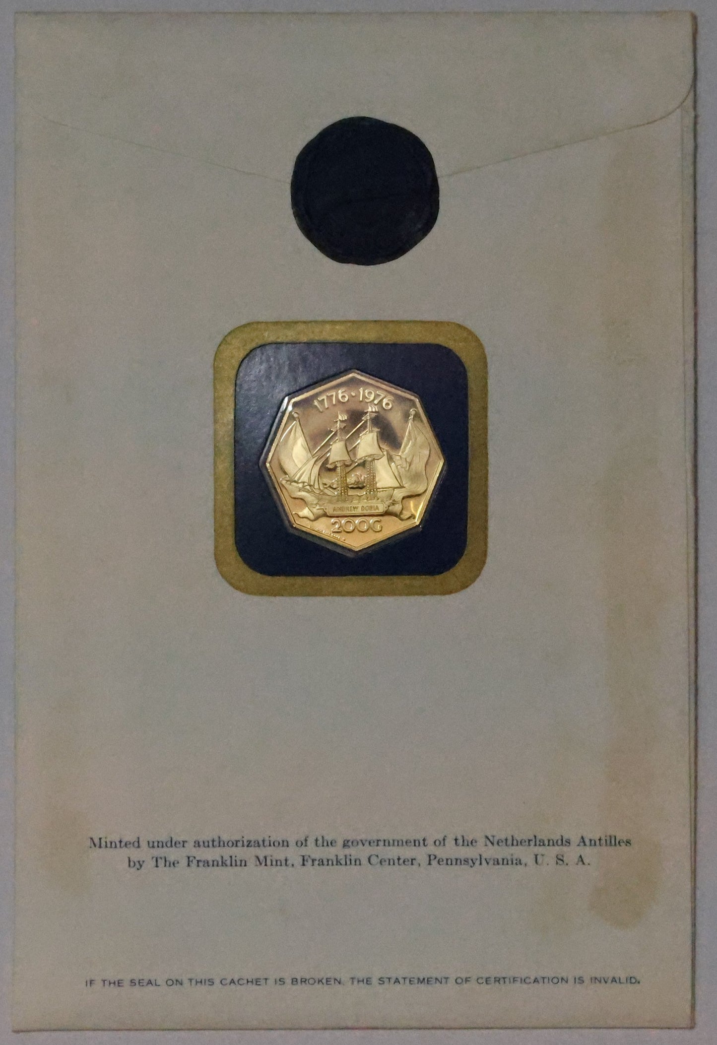 1976 Netherlands Antilles 200 Gulden .900 Fine Gold Coin in Franklin Mint OGP