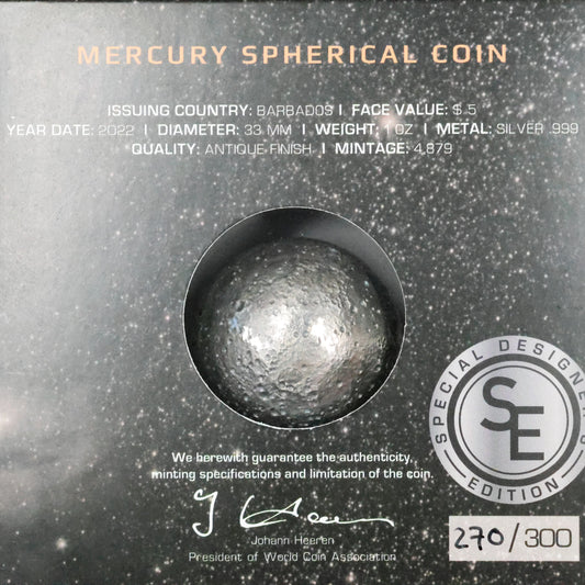 2022 Barbados $5 Spherical Mercury 3D Planet 1 oz .999 Fine Silver Coin