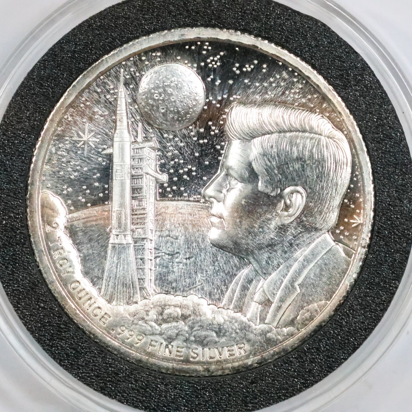 2 oz .999 Fine Silver Round - APOLLO 11 MOON LANDING KENNEDY JFK w/ Capsule