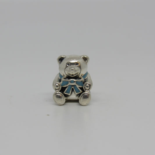 Pandora Sterling Silver "It's A Boy" Teddy Bear w/ Blue Enamel Bow Charm - #791124EN41