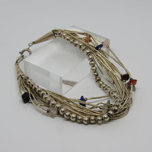 Sterling Silver Liquid Silver Bracelet w/ Beads & Stones - 8 inch