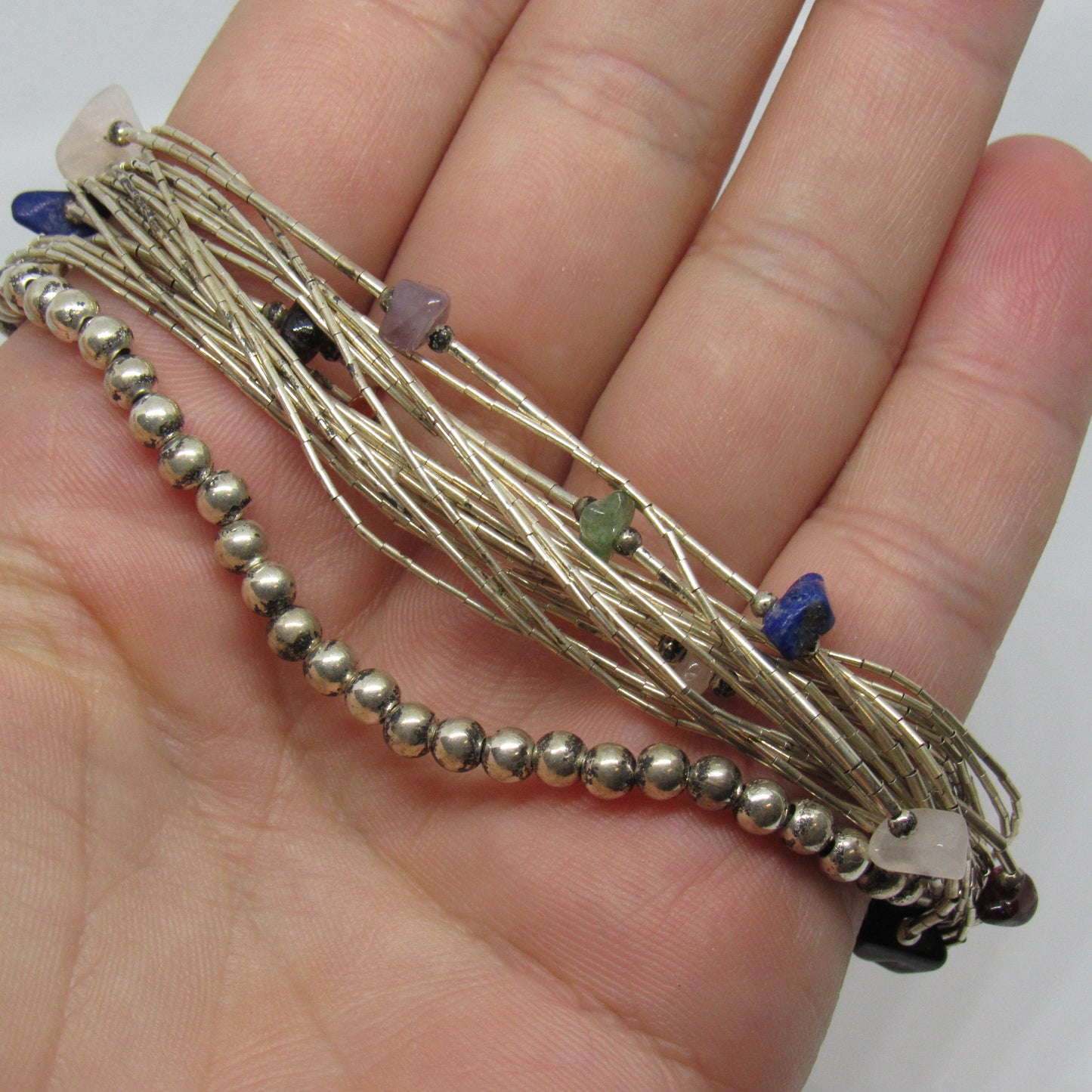 Sterling Silver Liquid Silver Bracelet w/ Beads & Stones - 8 inch