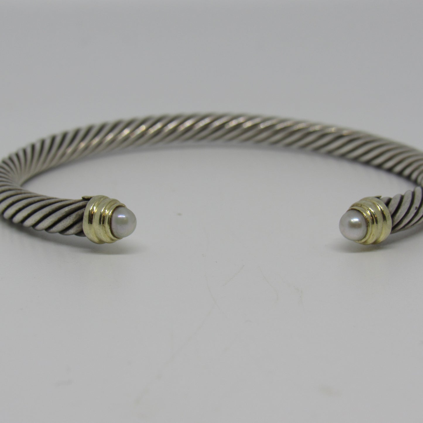 David Yurman Sterling Silver 14k Gold Pearl Tip 5mm Cable Cuff Bracelet - 7 inch