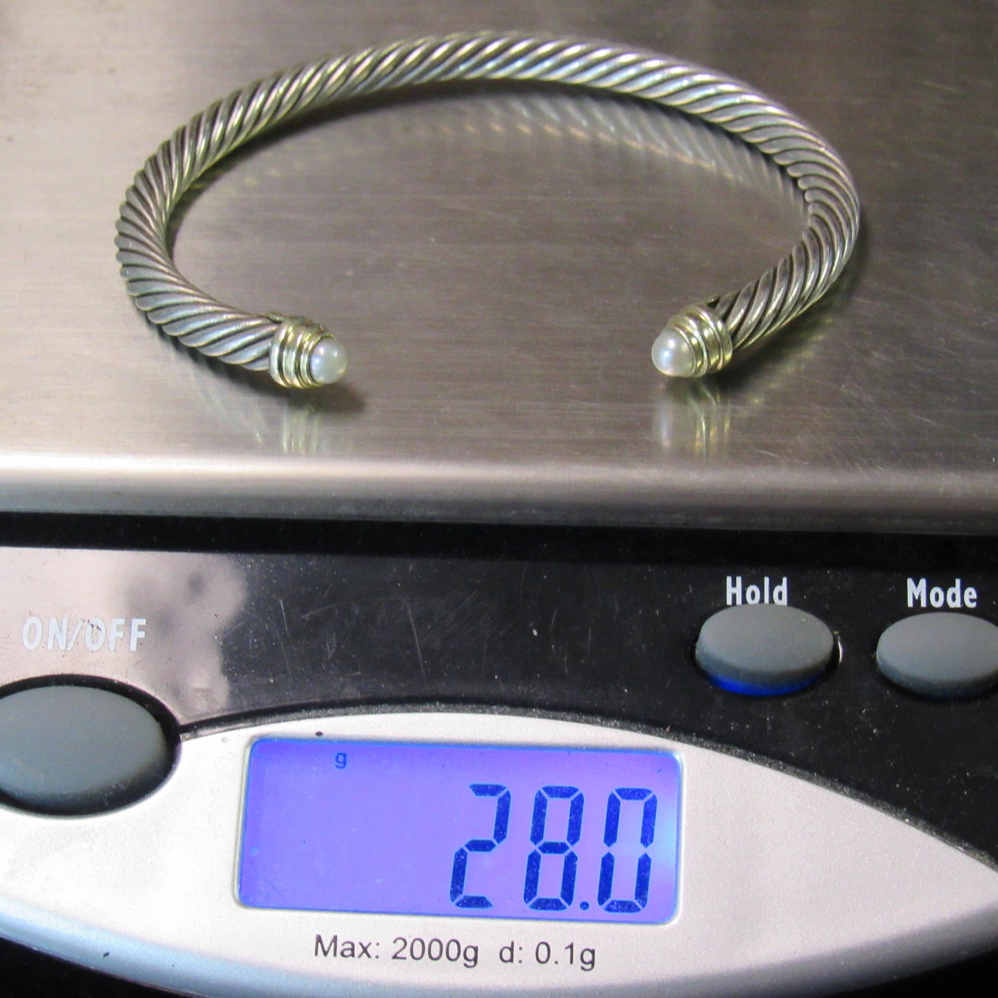 David Yurman Sterling Silver 14k Gold Pearl Tip 5mm Cable Cuff Bracelet - 7 inch