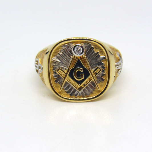 18k Two Tone Yellow & White Gold Diamond Chip Masonic Ring - Sz 9.5