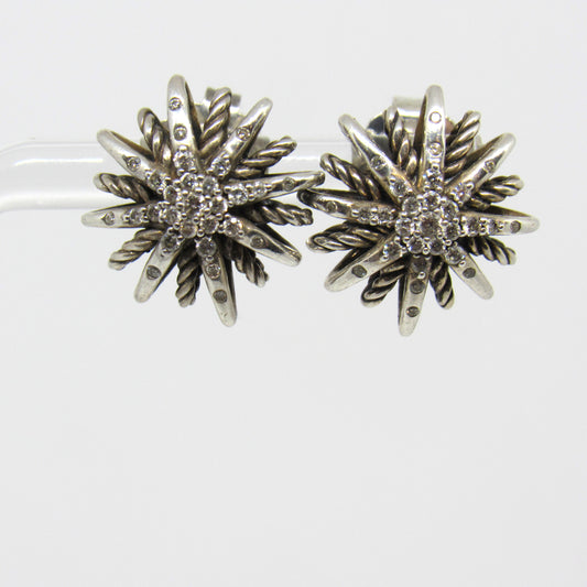 David Yurman Sterling Silver 925 Diamond Starburst Earrings ~16mm