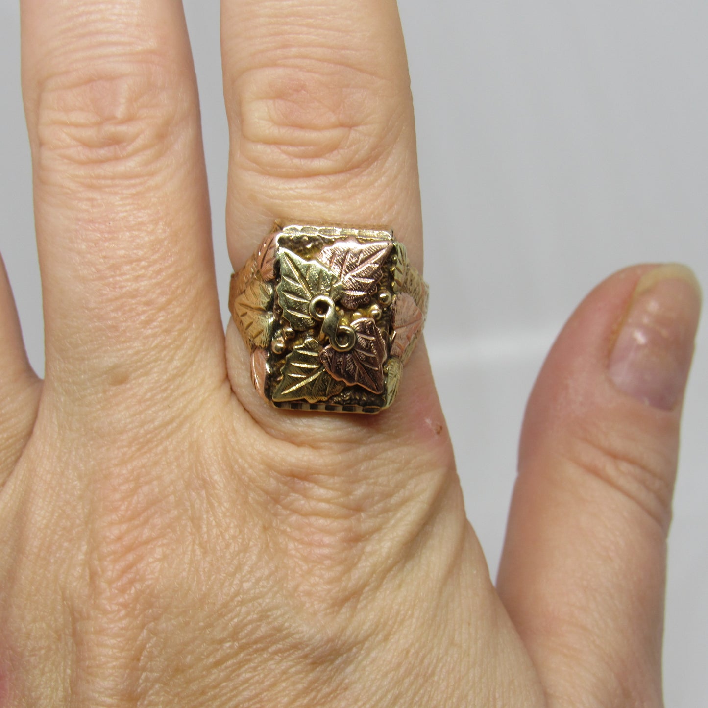 10k & 12k Tri Color Black Hills JCO Gold Leaves Ring Rectangular Face - Sz 10