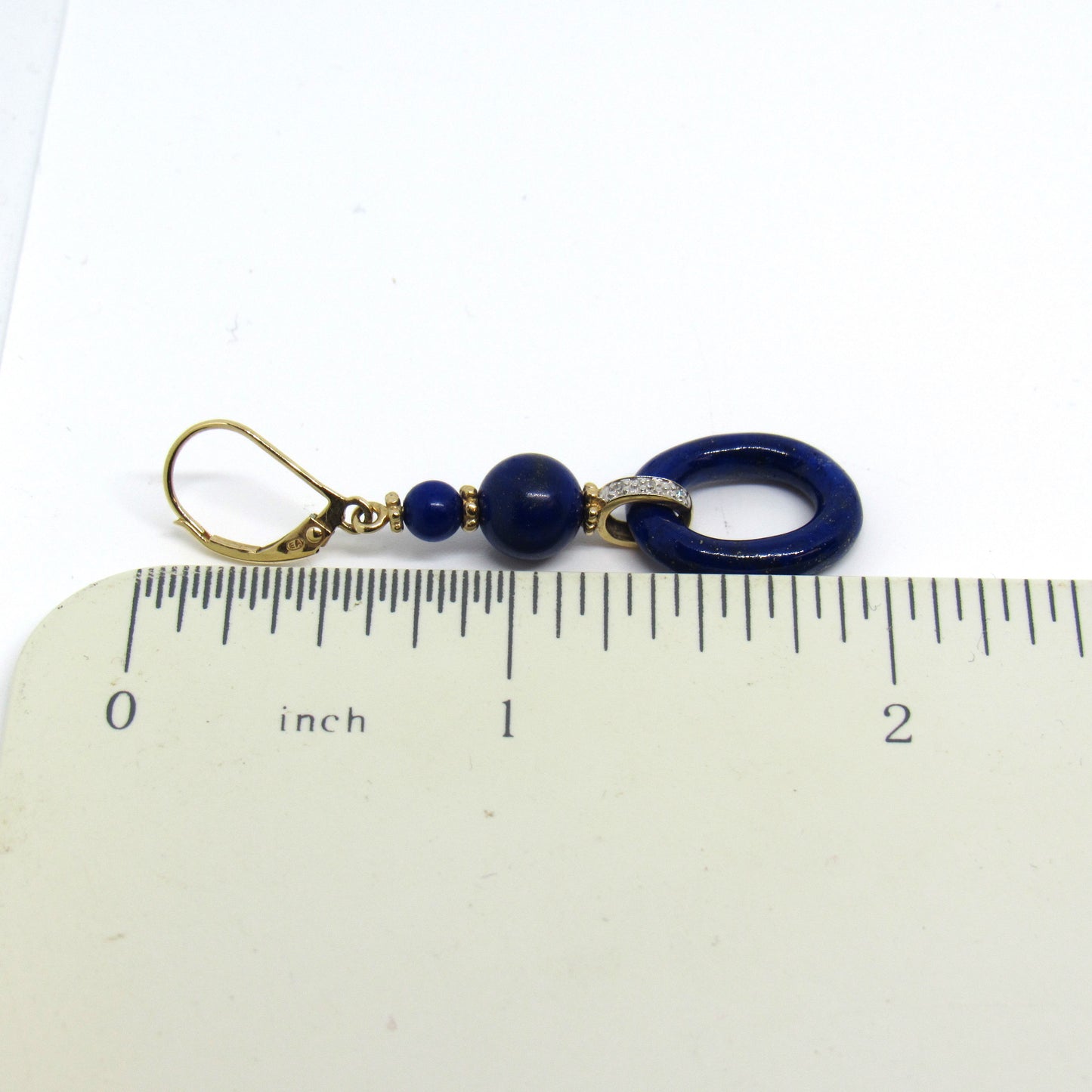 14k Yellow Gold Drop Dangle Lapis Lazuli and Diamond Leverback Earrings - 2 inch