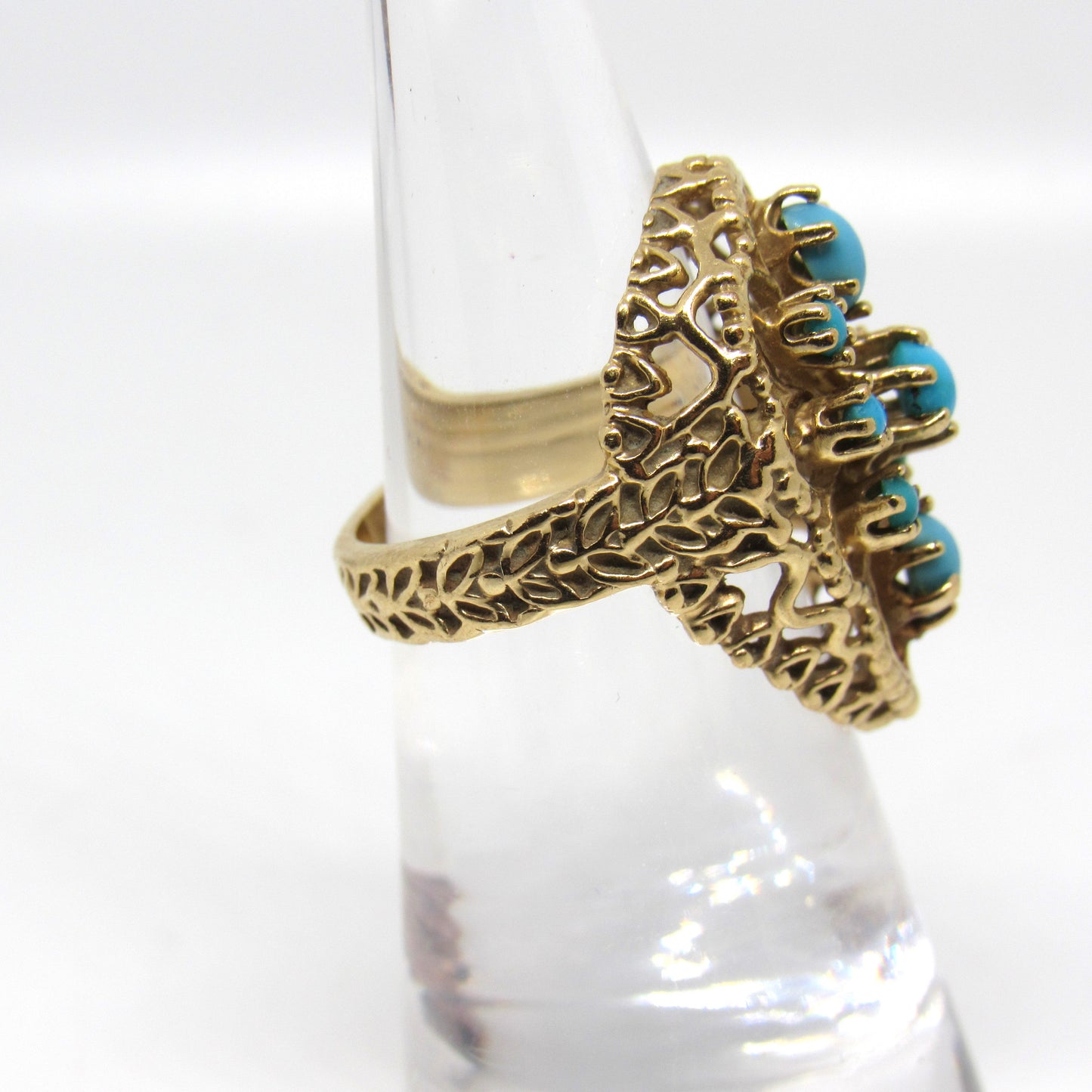 Vintage 14k Yellow Gold Turquoise Domed Openwork Statement Ring - Sz 4.75