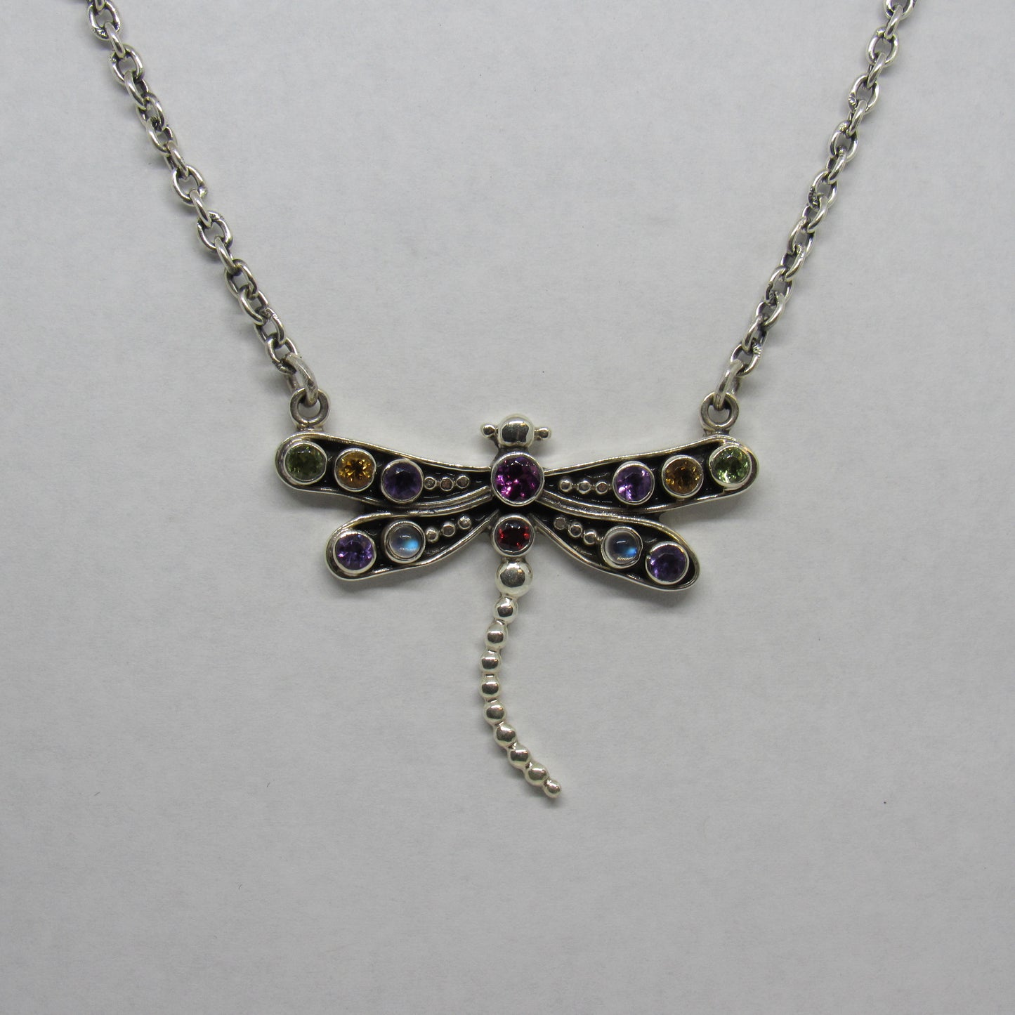 Nicky Butler Sterling Silver 925 Multi Stone Moonstone Amethyst Dragonfly Necklace - 18 in