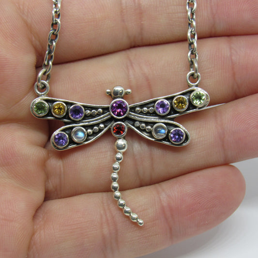 Nicky Butler Sterling Silver 925 Multi Stone Moonstone Amethyst Dragonfly Necklace - 18 in