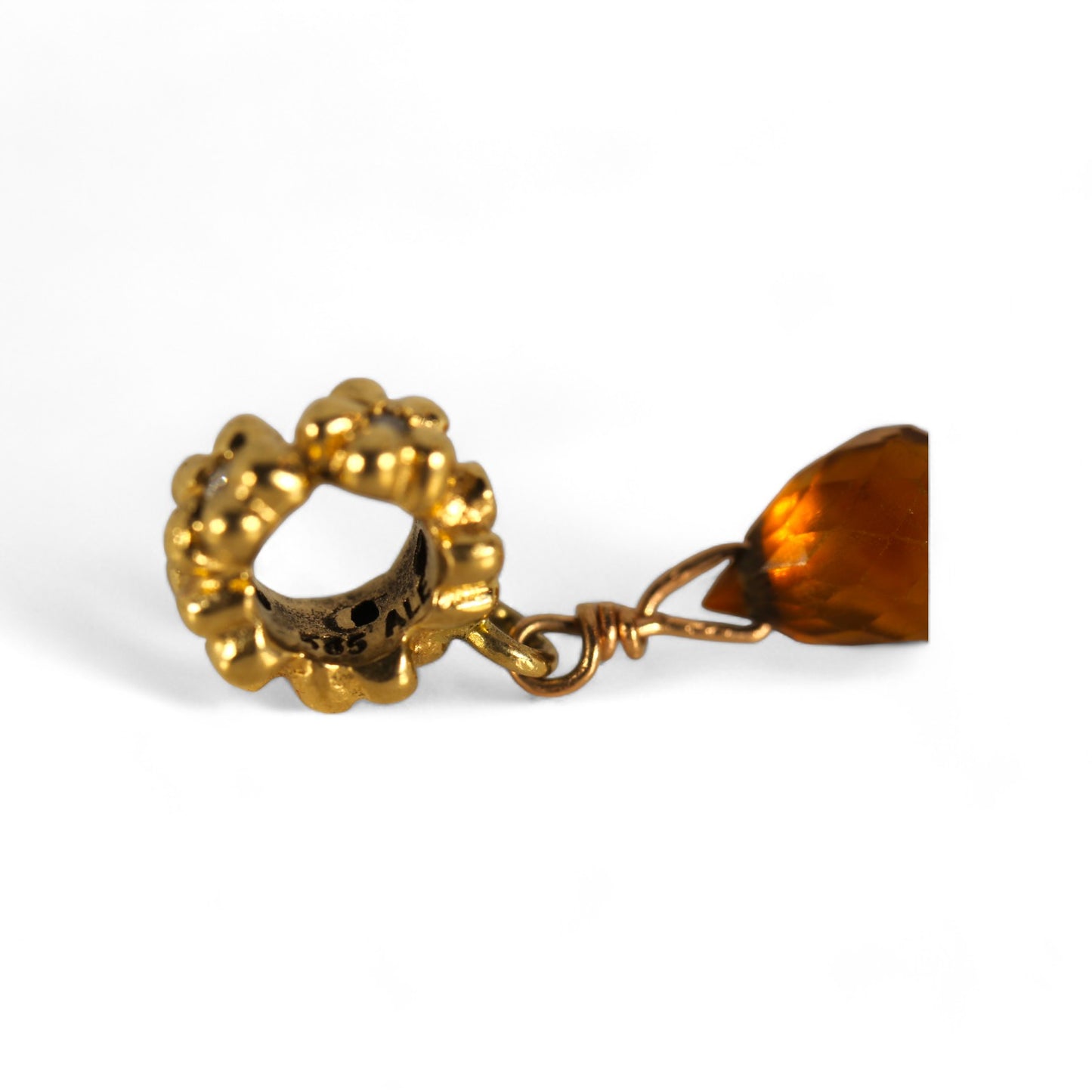 Pandora 14k Yellow Gold Flower Spacer Charm w/ Diamonds CUSTOM Orange Bead #750436D