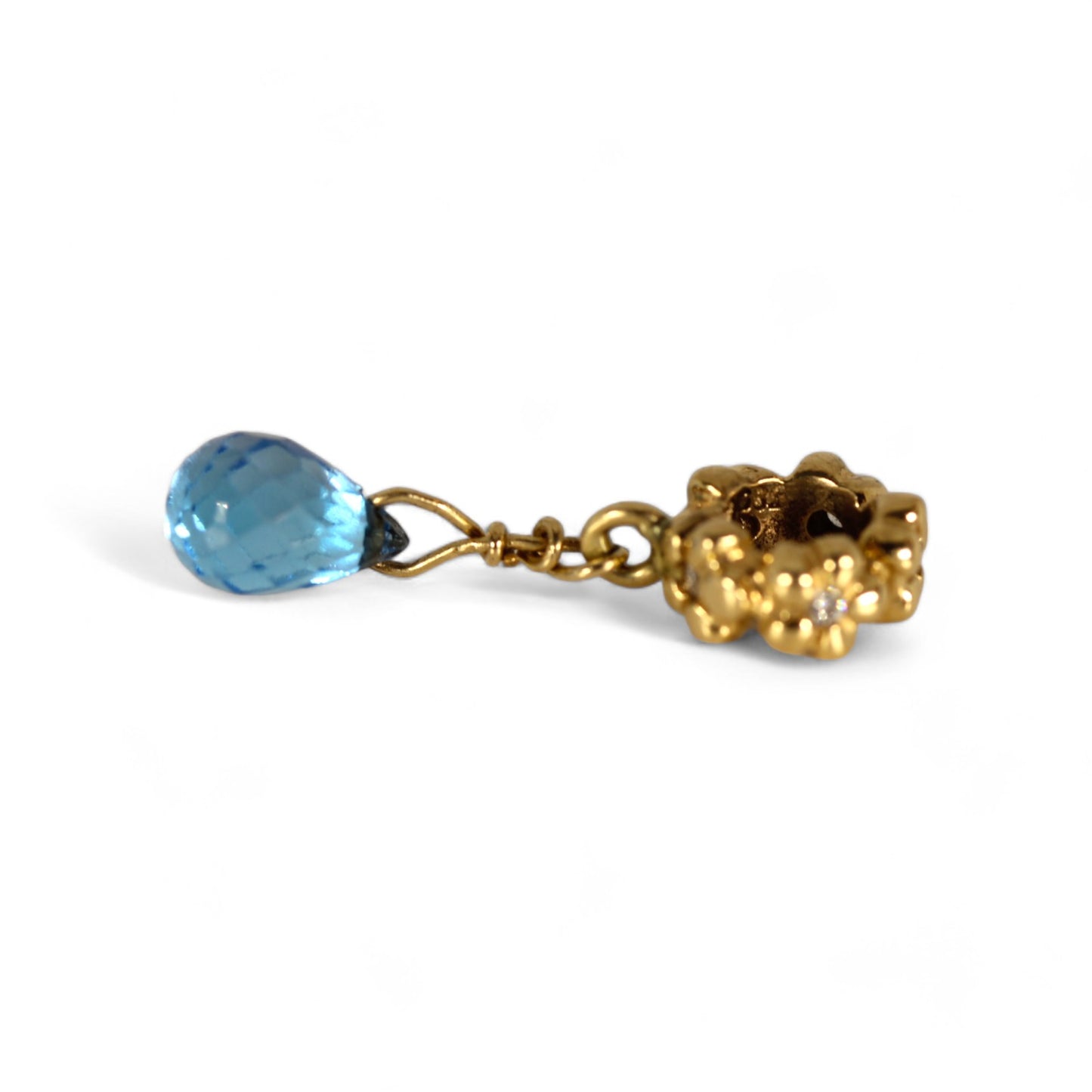 Pandora 14k Yellow Gold Flower Spacer Charm w/ Diamonds CUSTOM Blue Bead #750436D