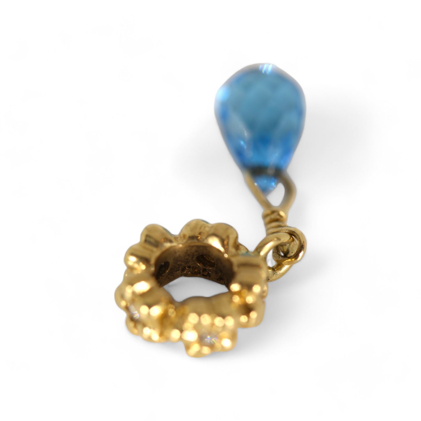 Pandora 14k Yellow Gold Flower Spacer Charm w/ Diamonds CUSTOM Blue Bead #750436D
