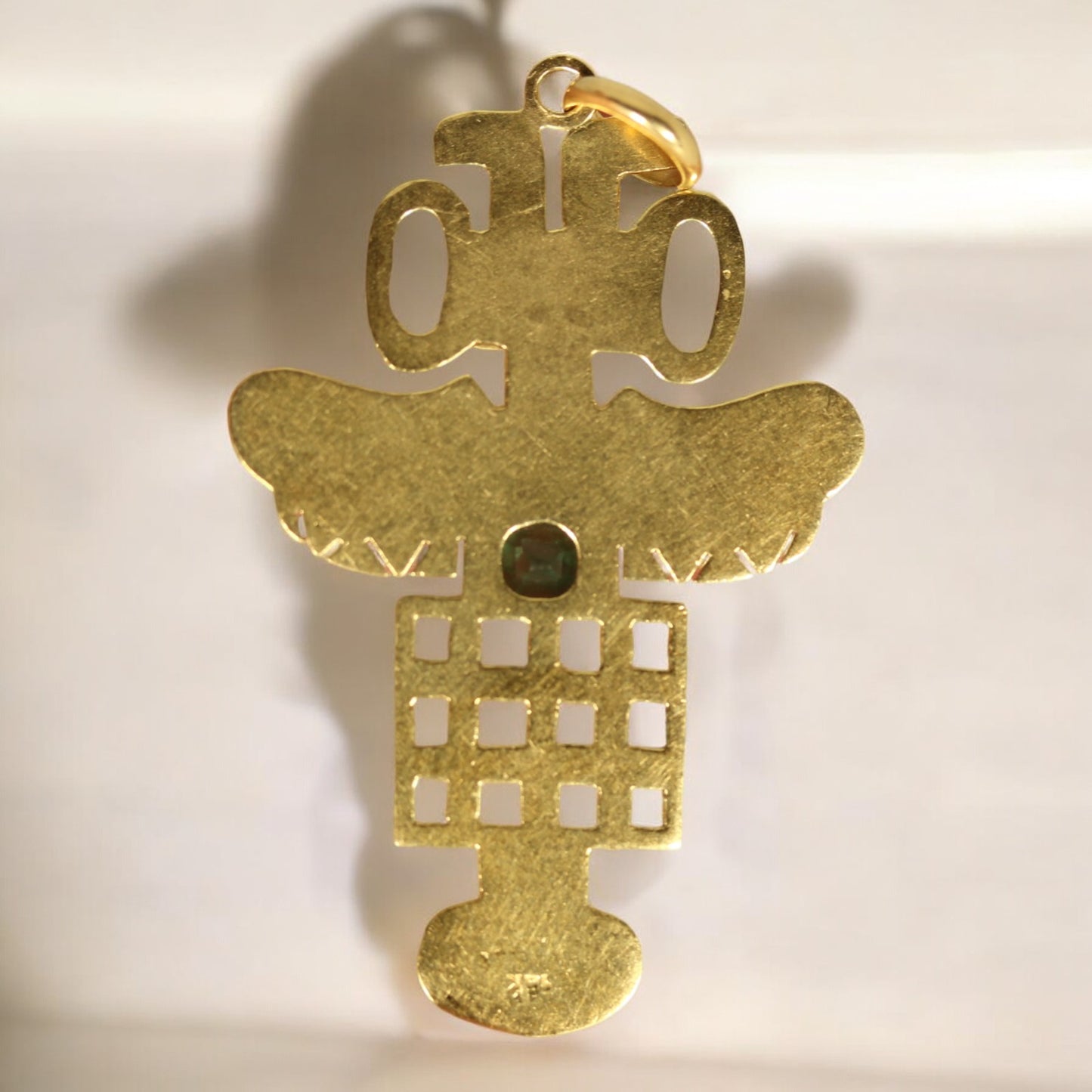 18k Yellow Gold Incan Aztec Mayan God Emerald Pendant Charm ~1.75" 3.3 gr