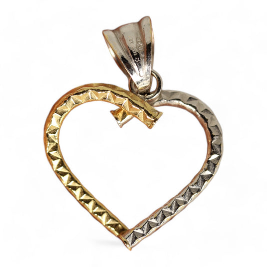 18k Two Tone White & Yellow Gold Open Heart Pendant ~1"