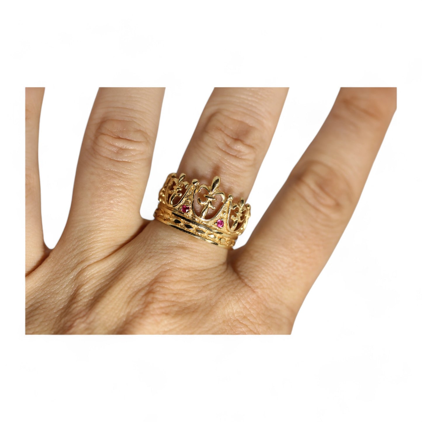 14k Yellow Gold Crown Ring with Fleur De Lis & Pink Stones - Sz 9